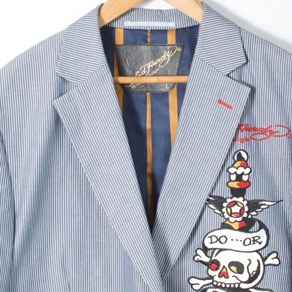 Ed Hardy by Christian Audigier L Men's Sport Coat Blue Stripe Embroidered Cotton - Picture 3 of 8